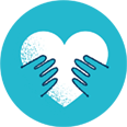 kék körben két kéz egy fehér szívet fog