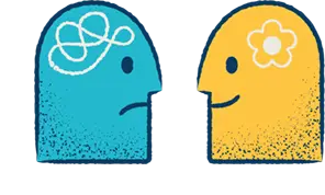 egy kék szomorú és egy sárga mosolygó fej néz egymással szembe