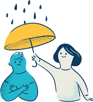 egy nő esernyőt tart egy szomorú férfi fölé